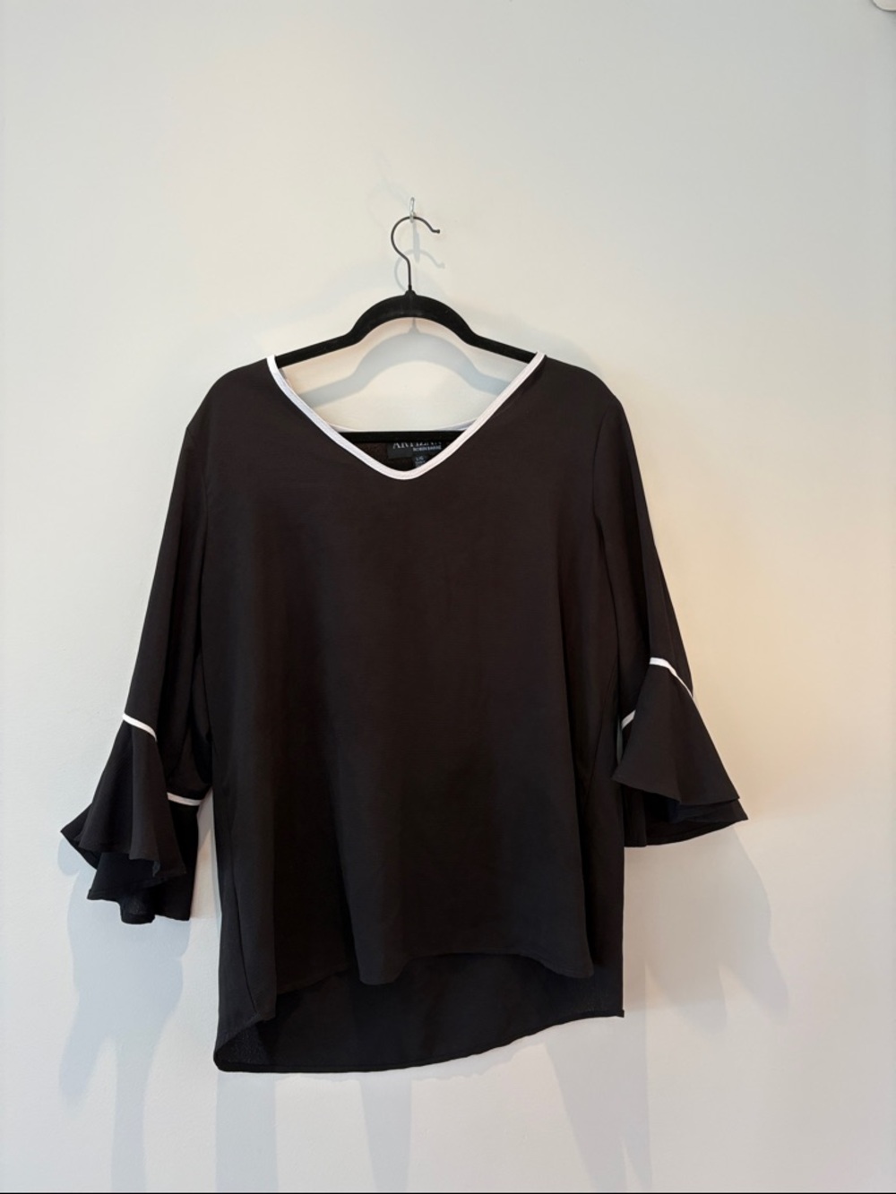Black V-Neck Blouse with White Trim and Ruffle Sleeves